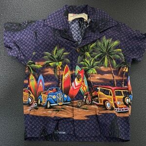 Hawaiian Kids Button Down Shirt - Colorful Cars and Palm Trees